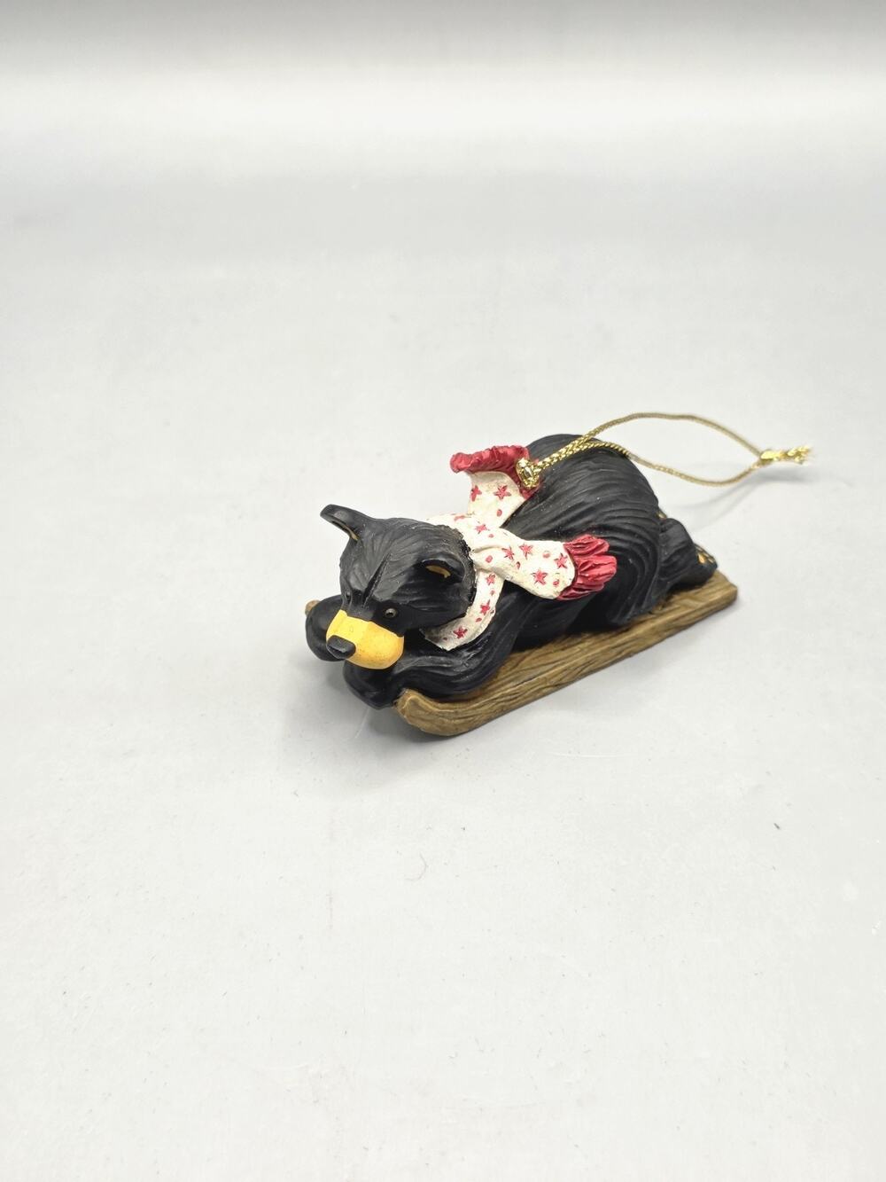 Demdaco Bearfoots Black Bear on Sled Christmas Ornament Jeff Fleming Red Scarf